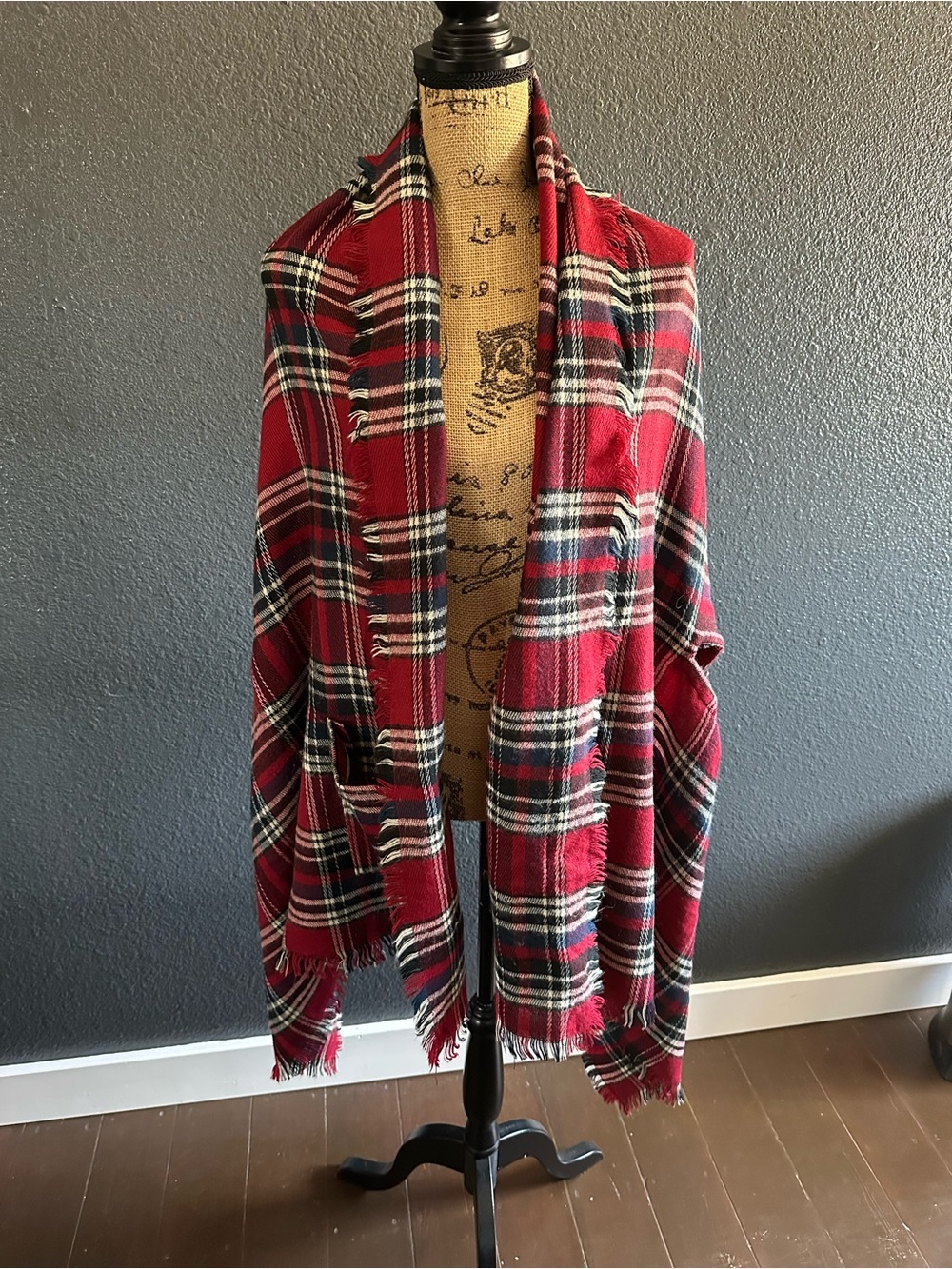 Grace & Lace Red Plaid Pocket Poncho Scarf Wrap One Size